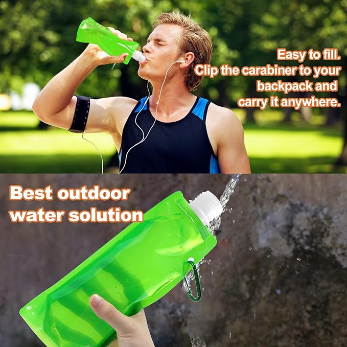 10 Pcs Collapsible Foldable Water Bottle 480ml, Leak Proof with Carabiner, BPA Free, Reusable Drinking Bags for Travel, Gym, Camping, Hiking