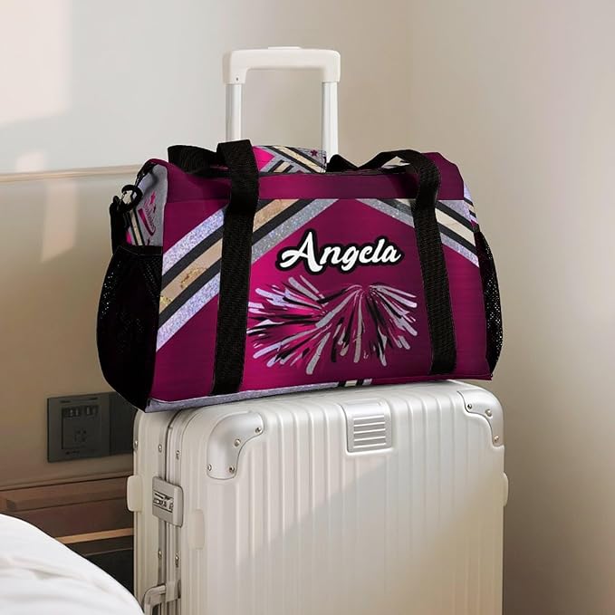 Handheld Crossbody Multifunctional Travel Bags, Personalized Duffle Bags, Cheer Rose Red Cheering Grey Luggage Bag, Custom Name Weekender Overnight Bags