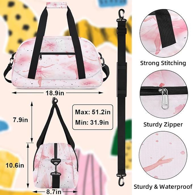 Duffle Bag for Women Men, Pink Ballet Watercolor Gym Bag for Travel Sports, Lightweight Waterproof Weekender Overnight Bags with Adjustable Strap