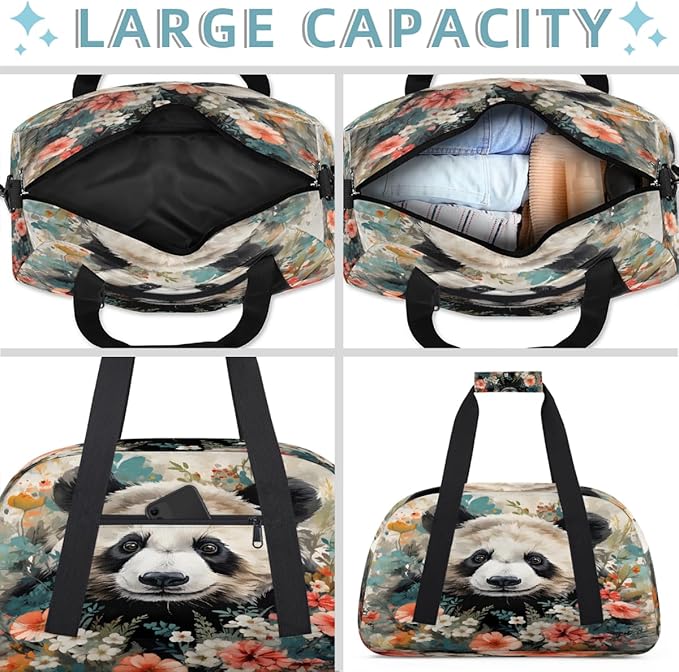 Gym Bag for Women Men, Panda Flower Art Travel Duffle Bags for Dance Ballet Overnight, Carry-On Weekender Bag with Detachable Shoulder Strap