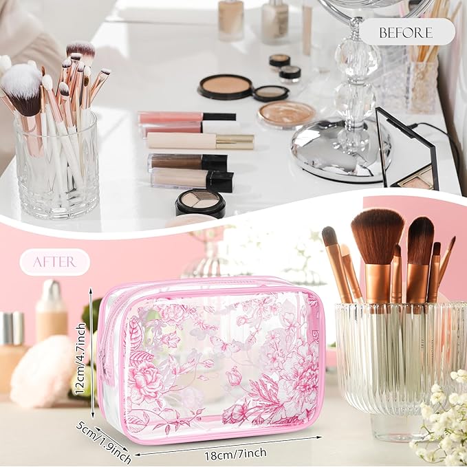 Set of 10 Clear Floral Cosmetic Bags PVC Makeup Bags Waterproof Travel Organizer Toiletry Pouches for Wedding Birthday Baby Shower Party Ideal Gift for Women Nurse Bridesmaid(Pink)
