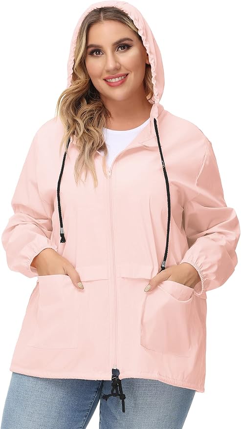 Avoogue Plus Size Raincoat Women Waterproof Rain Jacket Packable Outdoor Hooded Windbreaker