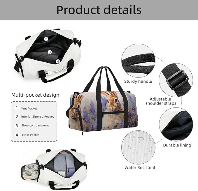 Sports Gym Bag Oil Painting Rabbit Purple Lavender Travel Duffel Bag With Shoe Compartment Shoulder Strap, Lightweight Water-Resistant Weekend Overnight Totes For Women Men