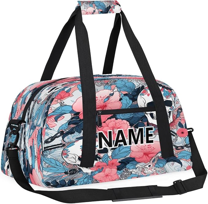 Sugar Skull Mini Gym Bag 18 inch for Women Men Waterproof Custom Skull and Flowers Travel Duffel Bag Carry On Overnight Tote Nurse Bag for Work Fitness Hiking