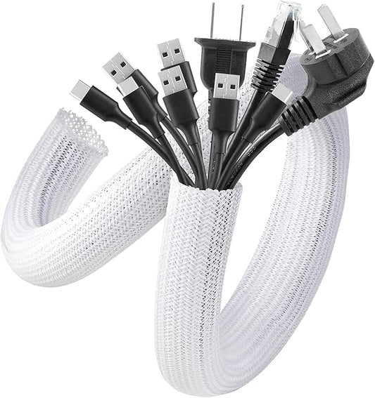 AGPTEK Cable Sleeve Cover, 10ft - 1.5 inch Desk Cord Organizer Cable Hider, Home Office Wire Management Computer TV Wire Loom Tubing, Pet Proof Cord Protector, from Cat Dog Chewing, White