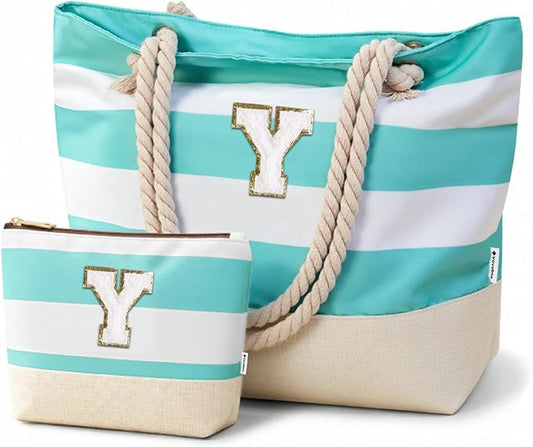 Vavabox Initial Beach Tote Bag for Women, Water-resistant Foldable Travel Beach Bag Set, Birthday Gifts for Women Mom