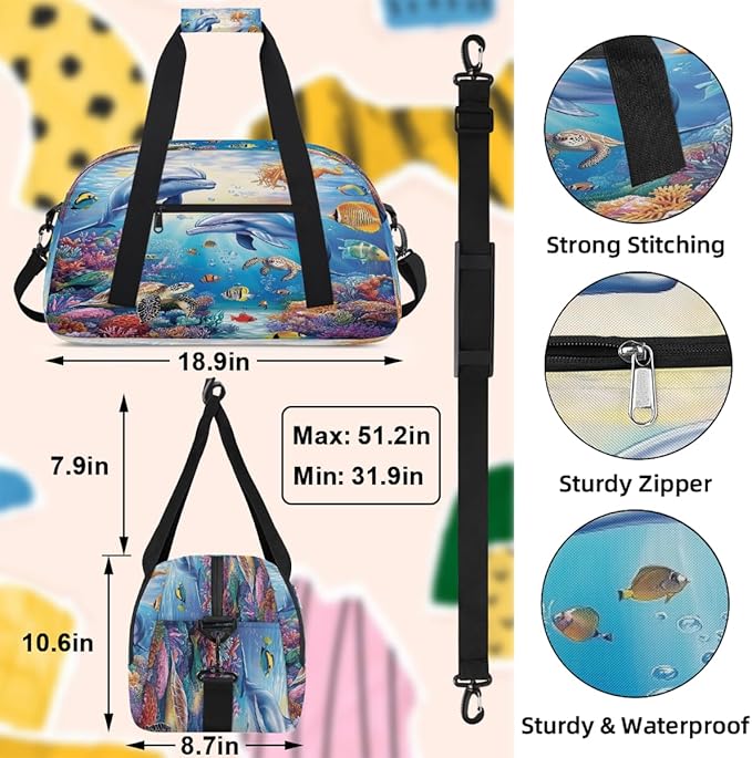 Kids Duffle Bag Girls Boys Sea Marine Dolphin Turtle Fish Weekender Overnight Bag,Lightweight Duffel Bags for Traveling Gym Sport Dance