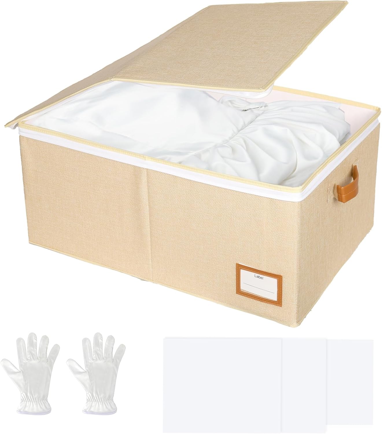 Wedding Dress Storage Box, Wedding Dress Preservation Box with Lid, Foldable Acid-Free Organizer with 1 Pair of Microfiber Gloves and 20 Sheets of Acid-Free Paper (1, Large)