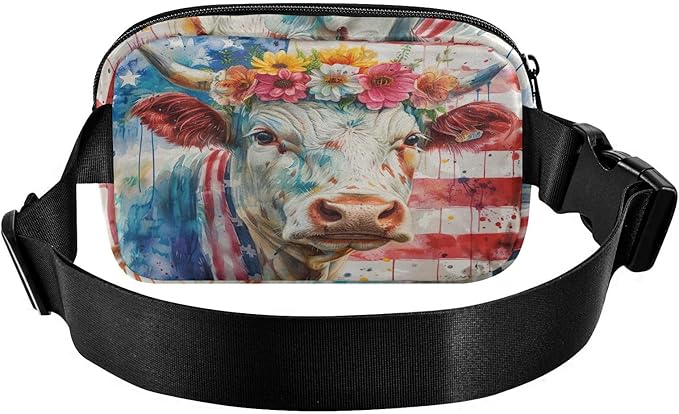 American Flag Cow with Floral Crown Fanny Pack for Women Men Water Resistant Fashion Waist Packs with Adjustable Strap Belt Bag for Travel Workout Jogging Hiking 21220215