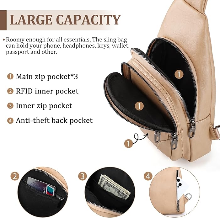 JASGOOD Anti Theft Crossbody Travel Bag for Women Men PU Leather Sling Bag with Adjustable Strap