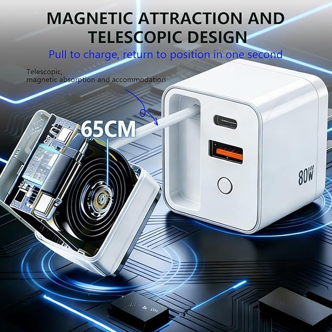 80W USB-C Retractable Fast Charger, PD Wall Charger with Built-in Retractable USB-C Cable, Portable Power Adapter for iPhone 17 Pro Max/16/15, Samsung, iPad, MacBook Air & USB-C Devices (White, 10)