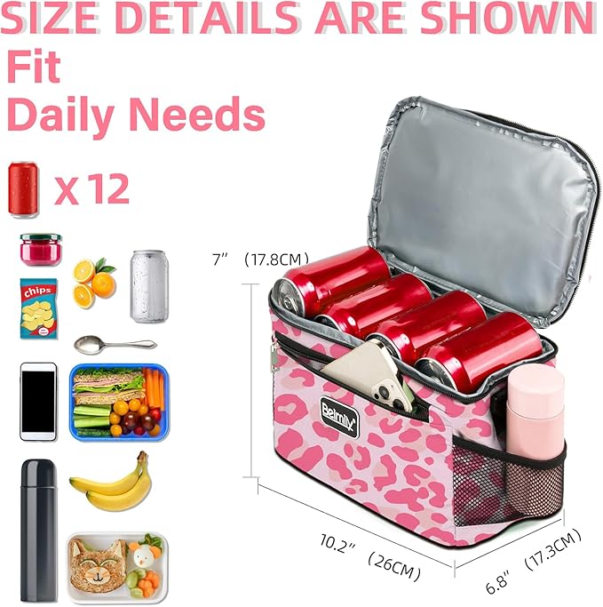 BEIMILY Lunch Box for Men/Women,Small Insulated Lunch Bag,Reusable LunchBox for work Picnic,Leakproof Soft Cooler Tote Bag Organizer with Adjustable Shoulder Strap for Adults(Pink Leopard Print)