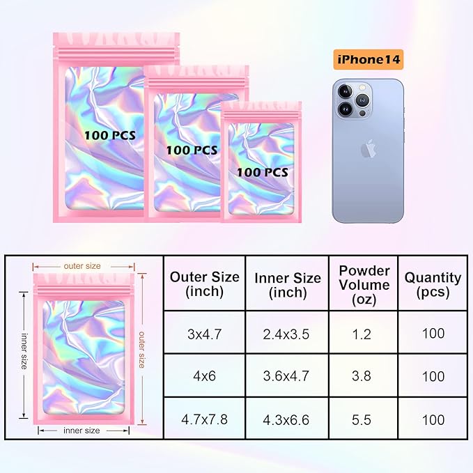 300 Pcs Holographic Mylar Bags, 3 Size Smell Proof Bags with Clear Window Foil Pouch Bags Resealable Bags for Small Business and Food Storage, Pink