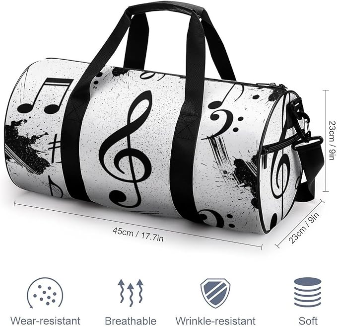 Basketball Football Weekender Bag Dance Sports Gymnastics Bag Lightweight Travel Sports Bags (Black And White Music Notes)