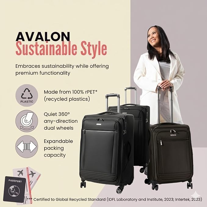 Ricardo Beverly Hills Avalon Softside 2-Piece Luggage Set Made with Sustainable 100% Recycled PET (rPET), Lightweight, Eco-Friendly Travel, Expandable, Dual Spinner Wheels, Black, (20" & 24")