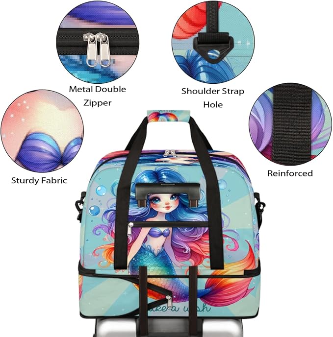 Rainbow Mermaid Girls Large Weekender Bag with Shoe Compartment Travel Duffel Bags for Women Carry On Hospital Overnight Bag Foldable Personal Item Travel Bags Tote Gym Sports Airplanes