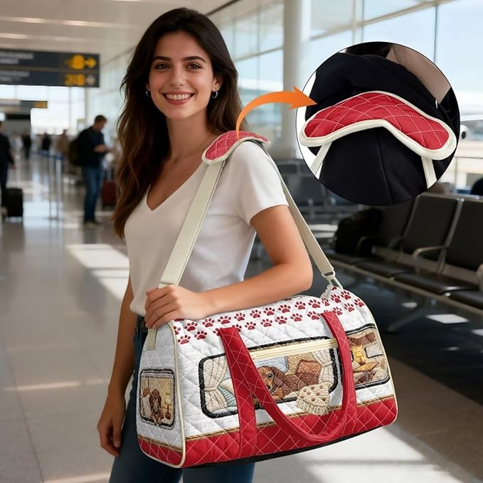 COEQINE Red Quilted Travel Bag for Women Cute Dachshund Dog Camper Car Print Quilted Tote Bag Large Car for Travel Duffle Bag Weekender Carry on Gym Backpack Purses for Womens