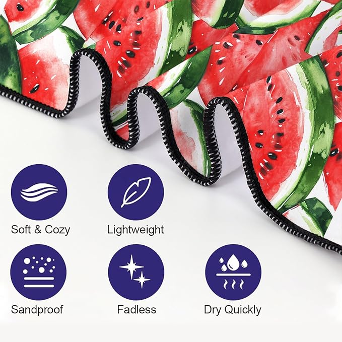 Watermelons Pattern Beach Towel Extra Large 36" x 72", Thin Lightweight Microfiber Towels with Fruit Design, Sand Free and Quick Dry, Compact Bag