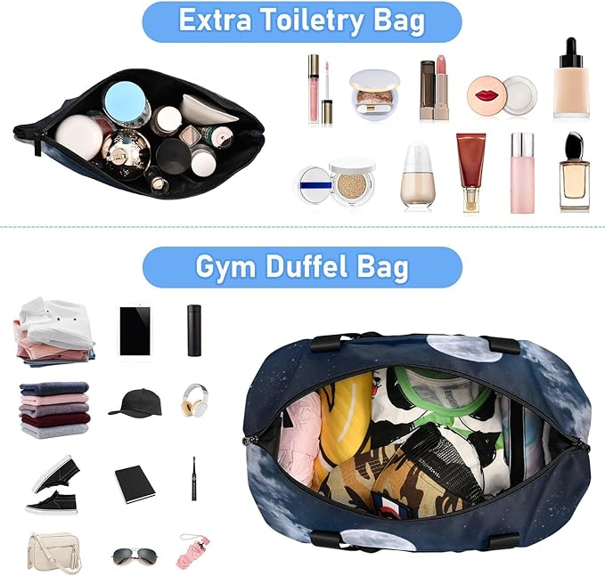 Travel Duffel Bags for Women Starry Moon over Water Sports Duffel Bags Gym Bags with Shoes Compartment Tote Bag Weekender Bag for Travelling