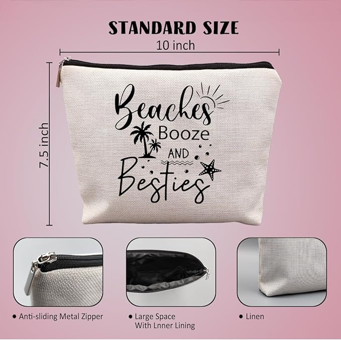 Girls Trip Gifts, Girls Weekend Bestie BFF Friendship Gifts for Women Friends, Beaches Booze and Besties Canvas Makeup Bag Cos