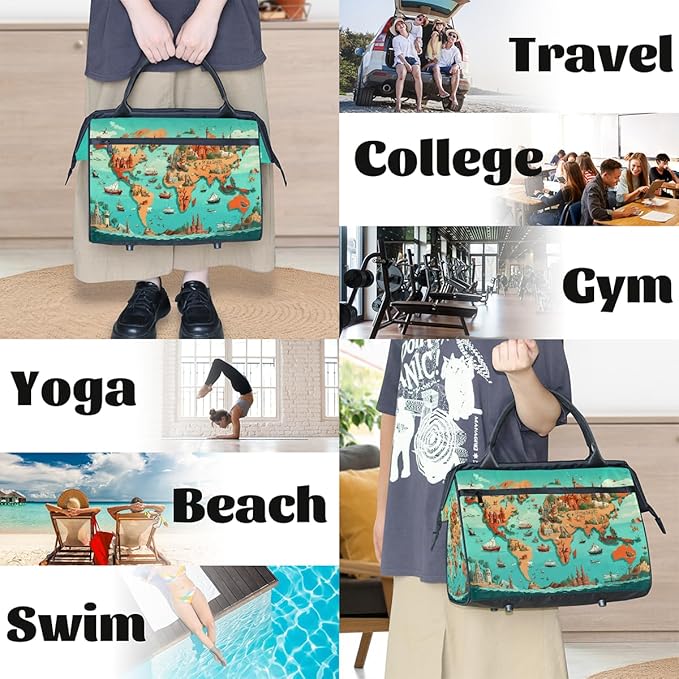 Gym Bag for Women Men, World Map Sports Duffel Bags, Waterproof Travel Weekender Overnight Carry On Tote Bags for Travel Sports