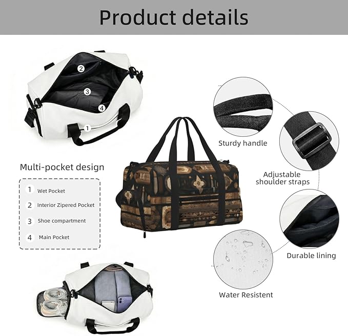 Bohemian style Print Gym Bag with Shoe Compartment for Women Men, 17.7in Sports Duffle Weekender Tote, Overnight Travel Duffel Bag Carry On