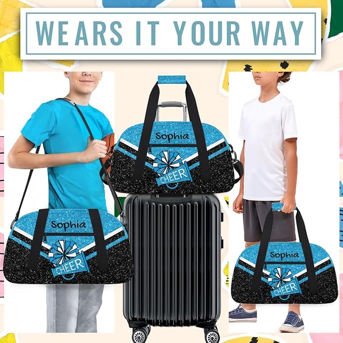 Personalized Sky Blue Glitter Cheer Bag for Cheerleaders, Custom Sport Gym Bag Dance Bag Travel Duffle Bag Cheerleading Gifts for Women