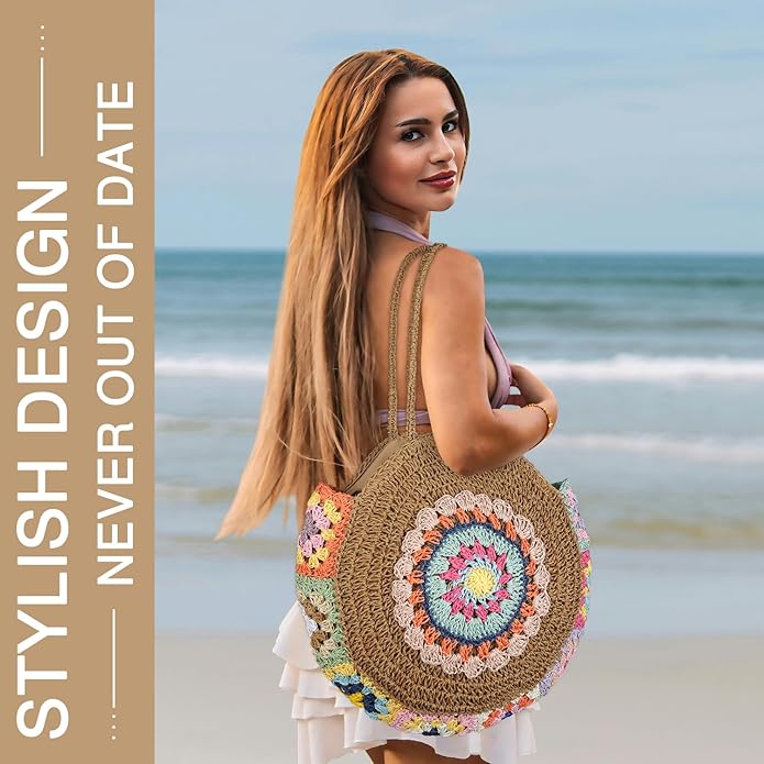 Straw Bags for Women Large Beach Tote Bag Floral Crochet Woven Shoulder Purse Summer Handbag