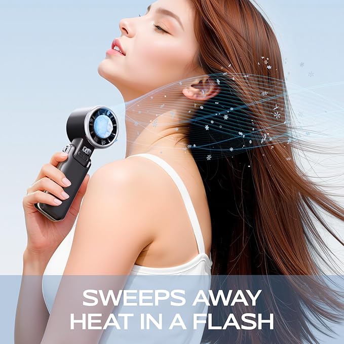 Portable Handheld Fan with Ice Cooling - 5 Gear High Speed Personal Turbo Fan Rechargeable, Up to 13 Hrs, Mini Hand Fans for Travel Essentials, Beach Vacation, Gifts for Women, Men (Black)