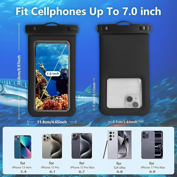 Floatable Waterproof Phone Pouch Case 2 Pax for iPhone 17 16 Pro Max/15/14/13/12, IP68 Travel Cellphone Dry Bag Beach Cruise Ship Essentials Bags with Crossbody Lanyard,Blue and Black-7″