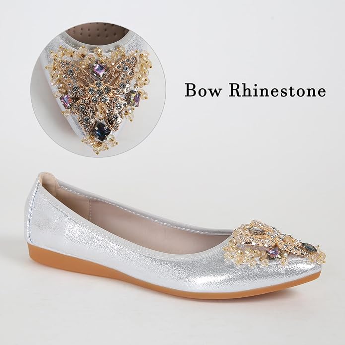 Womens Ballet Flats Foldable Rhinestone Pointed Toe Comfortable Slip on Wedding Flat Shoes Dress Flats for Women