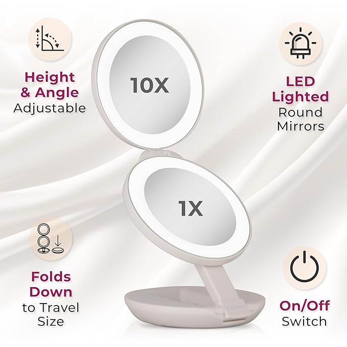 Zadro Compact Travel Makeup Mirror with Lights, 10X/1X Dual Magnification, LED Lighted Folding Design, Battery Operated Portable Mirror for Purse, Desk, or Travel Use (Cinnamon Slate)