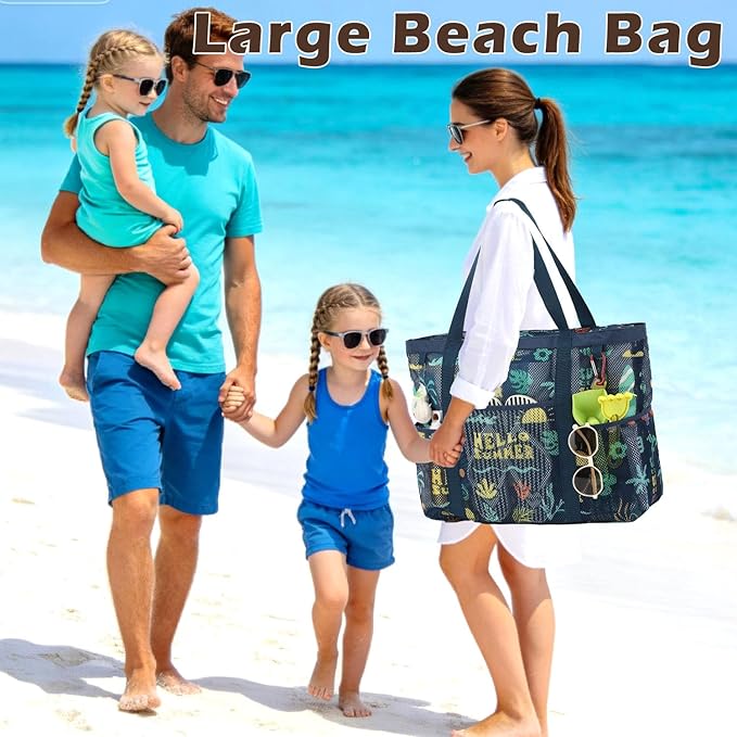 Mesh Beach Bag with Zipper, Large Beach Tote for Women, Toys Pool Swim Bag Travel Vacation Cruise Essentials
