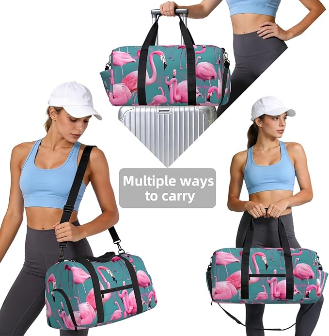 A flock of flamingos Print Gym Bag with Shoe Compartment for Women Men, 17.7in Sports Duffle Weekender Tote, Overnight Travel Duffel Bag Carry On