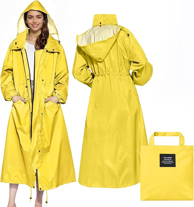 LAMA Womens Long Raincoats Rain Jacket Waterproof Packable Hooded Windbreaker Lightweight Adjustable Waist for Outdoor