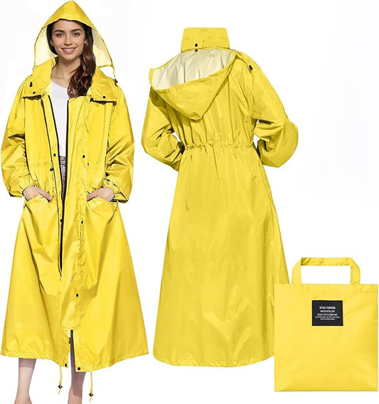 LAMA Womens Long Raincoats Rain Jacket Waterproof Packable Hooded Windbreaker Lightweight Adjustable Waist for Outdoor