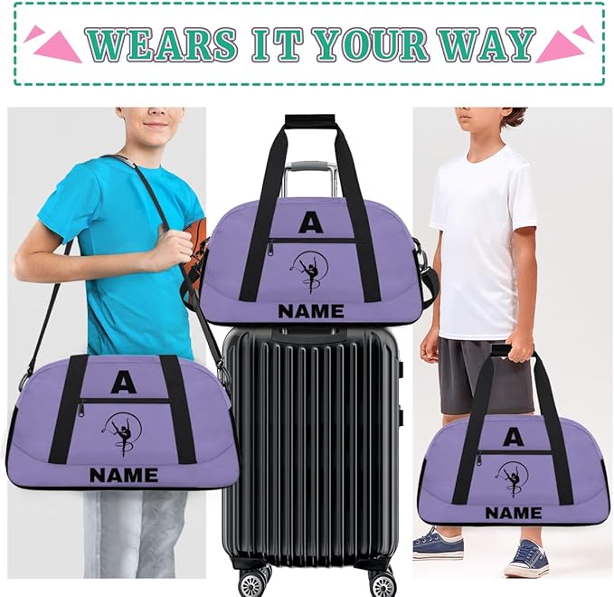 Personalize-Kids-Sports-Duffel-Bags With Custom Name Text Carry-On Overnight Travel Gym Lightweight Dance Pattern Sports Bags For Girls Boys Kids,Lilac 2