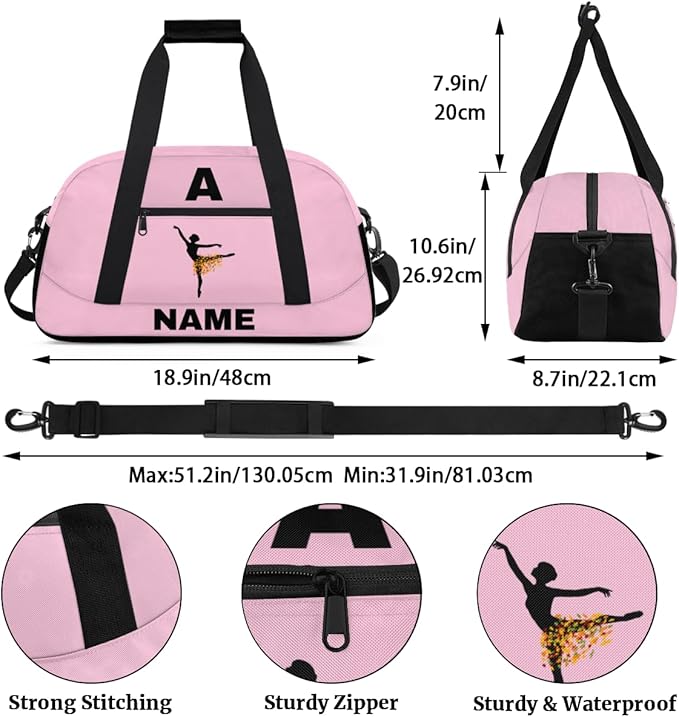 Personalize-Kids-Sports-Duffel-Bags With Custom Name Text Carry-On Overnight Travel Gym Lightweight Dance Pattern Sports Bags For Girls Boys Kids,Pink