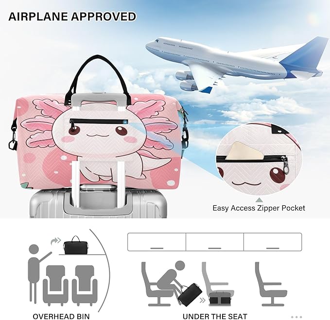 Travel Duffle Bag, Strawberry Axolotl Gym Bag with Storage Bag Weekender Overnight Bag for Men Women Trip Sports Yoga