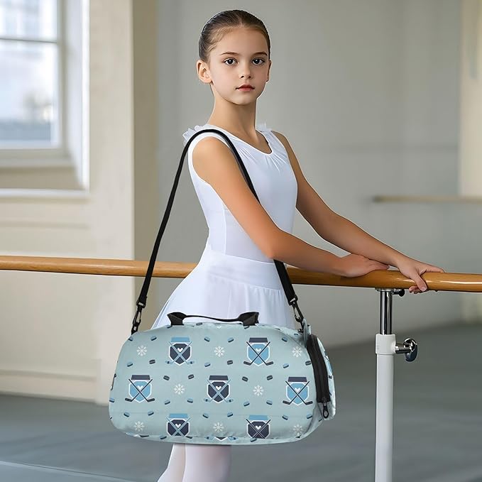 Winter Sports Hockey Blue Print Kids Sports Duffle Bag for Boys Girls Toddler Weekender Overnight Bag with Shoe Compartment & Wet Pocket Travel Foldable Bag for Travel Sport Gym Dance