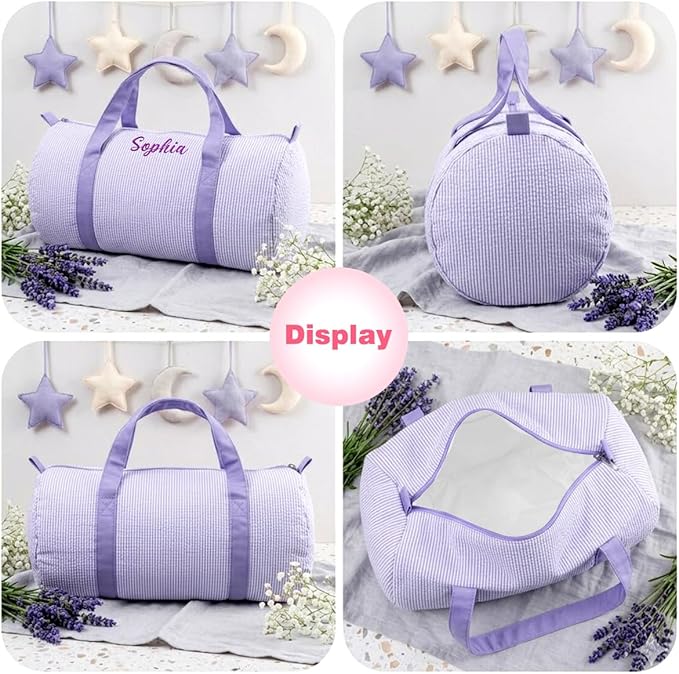 Personalized Seersucker Duffle Bag for Girls, Custom Dance Bag with Embroidered Name,Overnight Bag Ballet Gym Weekender Travel Bag