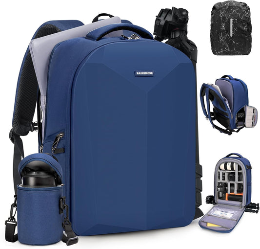 RAINSMORE Camera Backpack Hard Shell for DSLR/SLR Waterproof Camera Bag with Laptop Compartment 15.6 Inch Professional Camera Case with Rain Cover Photography Backpack Bag with Camera Lens Case Blue