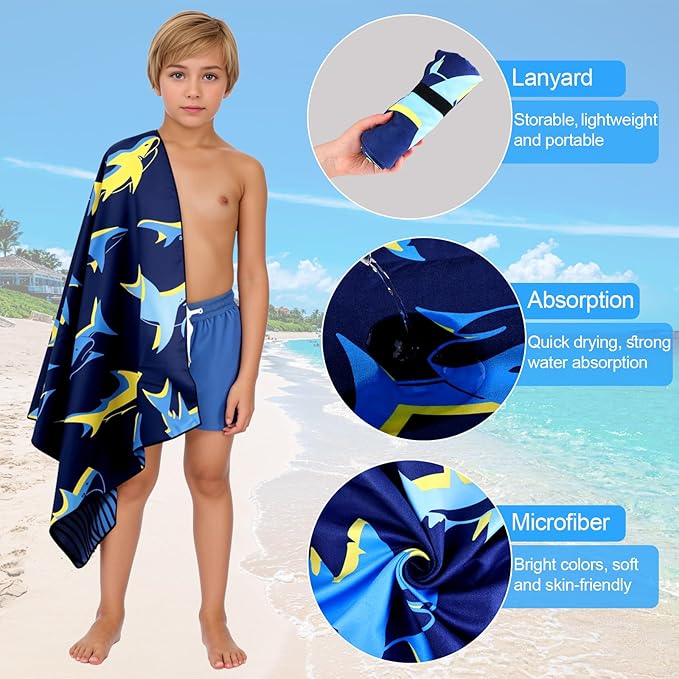 MelonBoat Large Microfiber Beach Towel: 2pcs Green Dinosaur & Bright Blue Shark Beach Towel for Travel, Absorbent Quick Dry Sand Free, Lightweight Compact for Kids Trip Vacation Bath Camping Pool Swim