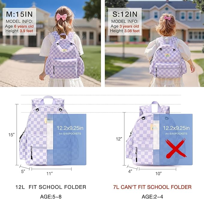 STEAMEDBUN Corduroy Kids Backpack for Girls and Boys 5-8: Girls Backpack for Elementary Kindergarten - 15 inch Cute Backpacks for Kids - Checkerboard