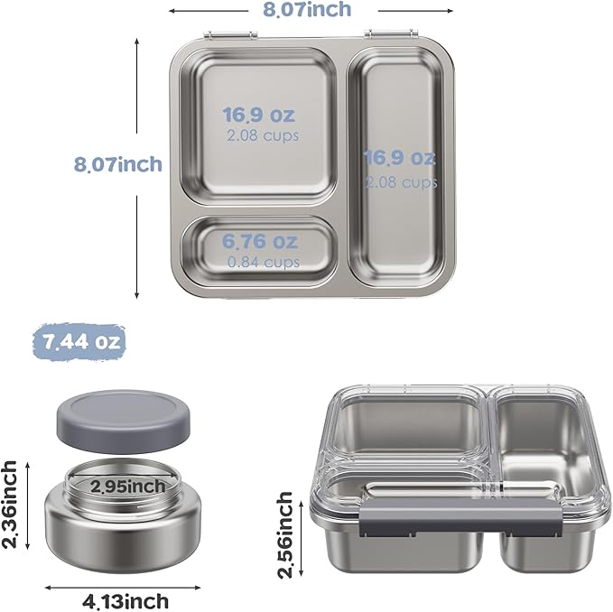 Stainless Steel Bento Box Kids Adult with 7oz Insulated Food Jar, Transparent Lid Metal Lunch Box With Soup Thermal Jar, Lunch Box Container with Removable Divider & Sauce Cup School (Grey)