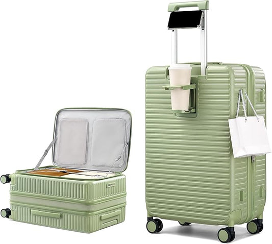 Hard Shell Suitcases 24 Inch Check in Luggage with Spinner Wheels Cup Holder, Lightweight Top Opening Expandable Luggage Hard Case Rolling Medium Checked Suitcase with Lock, Bamboo Green