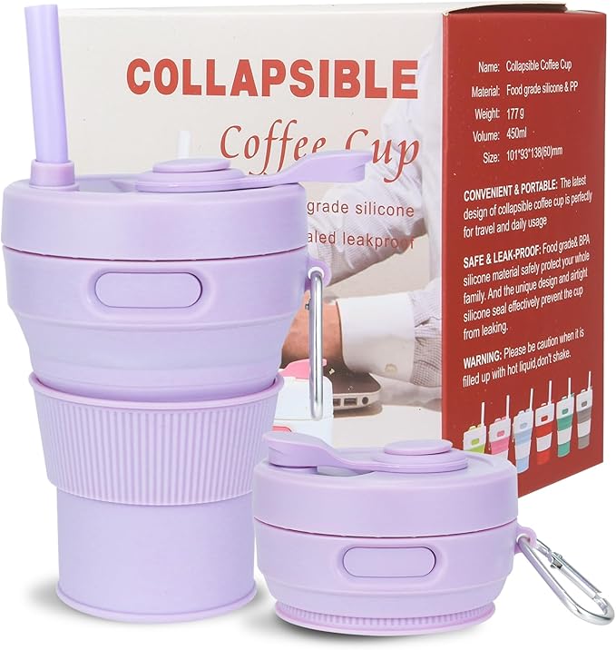 Collapsible Travel Cup - Lilac,16oz/450ml，Leak-Proof Reusable To-Go Pocket Size Silicone Bottle for Hot & Cold Drinks - Camping & Hiking - Dishwasher Safe- Straw included