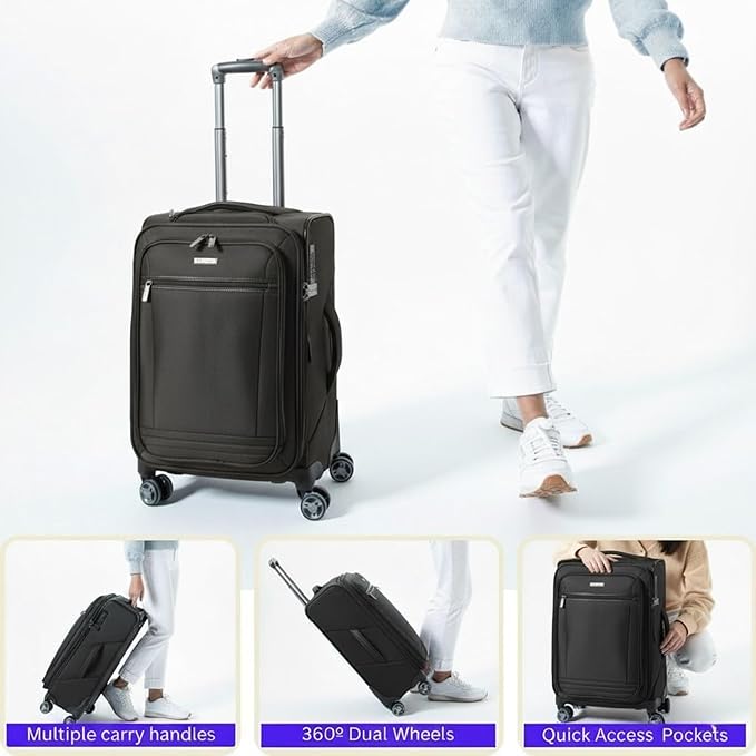 Ricardo Beverly Hills Avalon Softside 2-Piece Luggage Set Made with Sustainable 100% Recycled PET (rPET), Lightweight, Eco-Friendly Travel, Expandable, Dual Spinner Wheels, Black, (20" & 28")