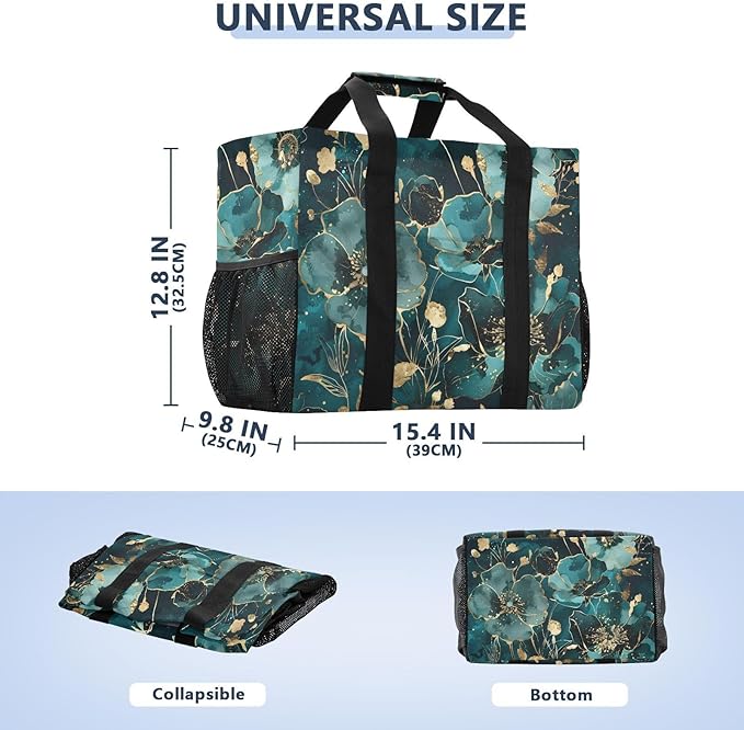 Bolaz Travel Tote Bag，Gym Bag for Men,Waterproof Beach Bag for Women Foldable Reusable-Watercolor Flower Green Gold Pattern