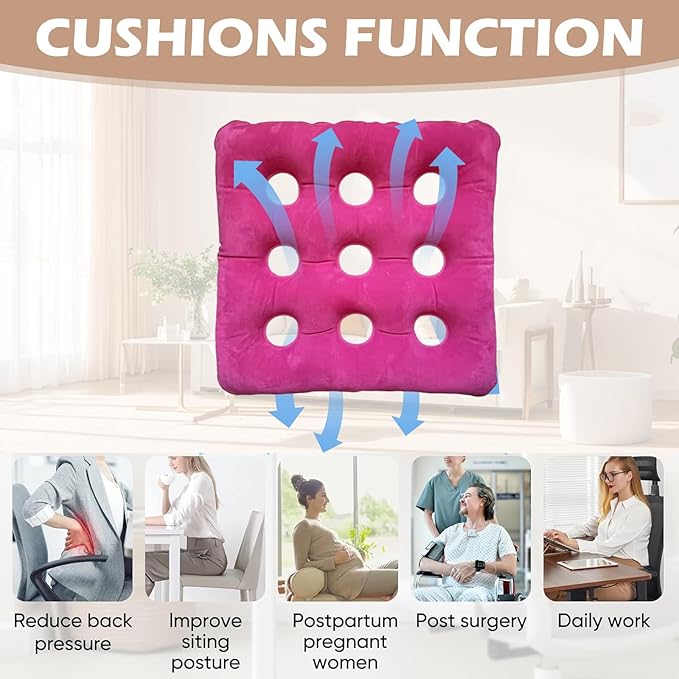 2-Pack Waffle Inflatable Seat Cushions with Pump, 18 Inch Beige 16-Hole Air Cushion for Pressure Relief, Wheelchair, Office Chair, Car Seat & Travel (Red&Beige)